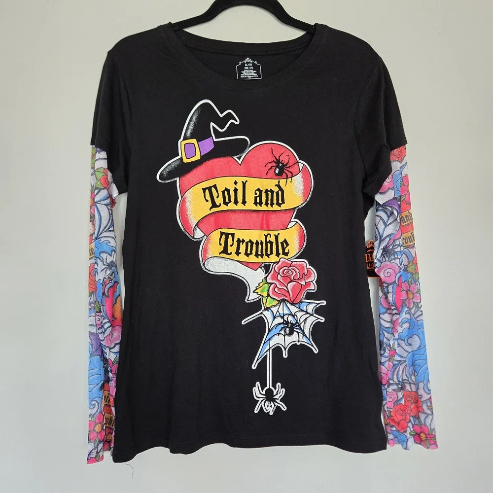 Happy Halloween Vtg Y2K Tattoo Sheer Sleeve Graphic Shirt Womens XL Dead Stock